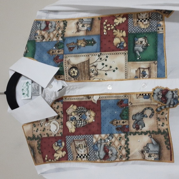 Quacker Factory Cata Kitty Women White Shirt with Multicolor Patchwork M vintage - Picture 4 of 7
